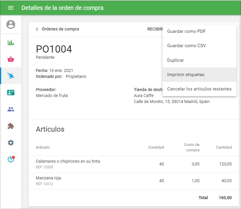 menu 'Mas' e 'Imprimir etiquetas