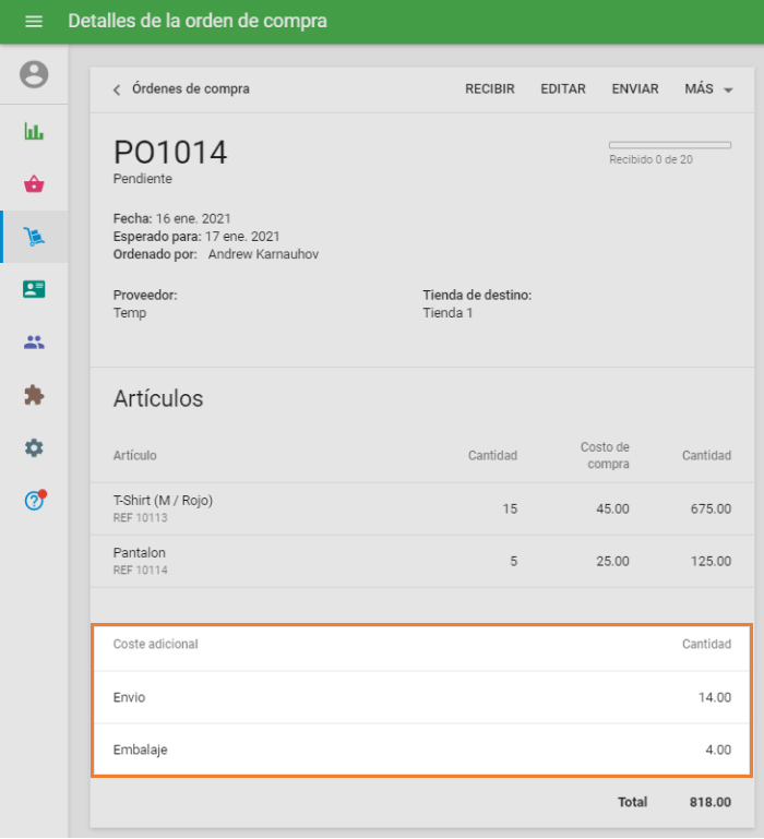 sección coste adicional