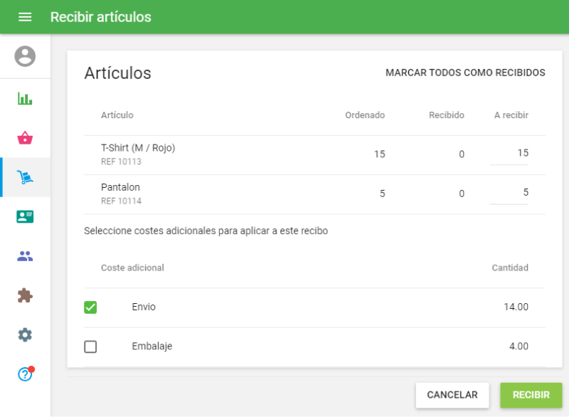 selección de coste adicional