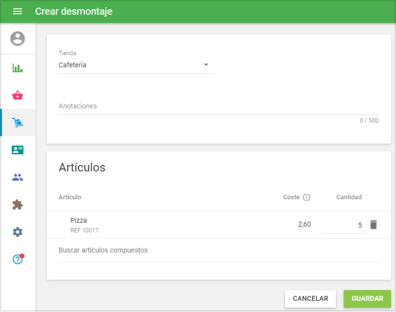 Formulario 'Crear desmontaje'