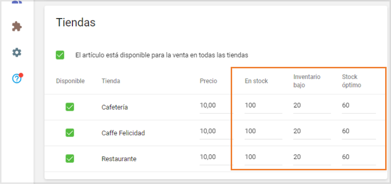 Campos 'En stock', 'Stock bajo', 'Optimal Stock'
