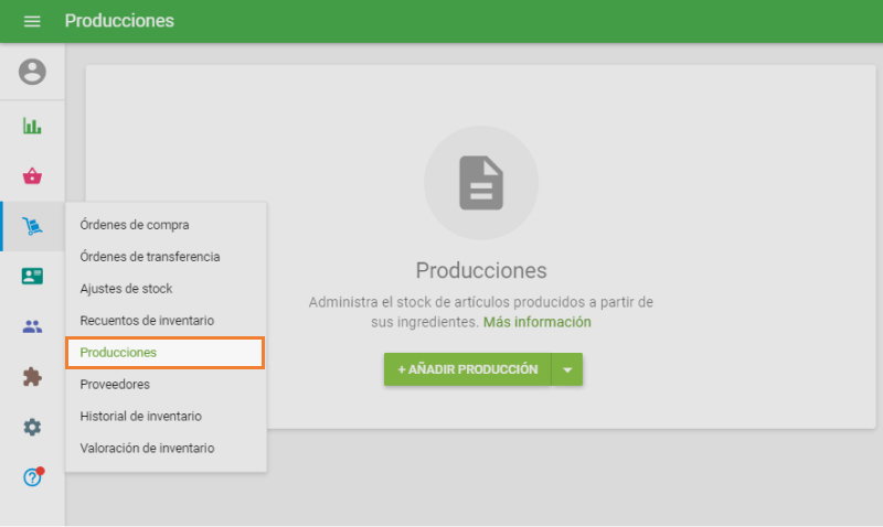 sección 'Producción' en el menú de 'Administración de inventario'