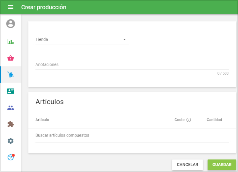 El formulario 'Crear producción'