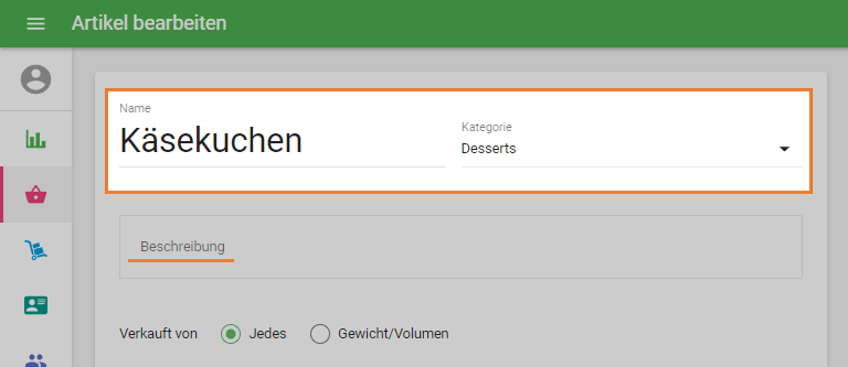 'Name' des Artikels und 'Kategorie'