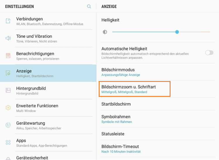 Menü Bildschirmzoom und Schriftart oder Schriftgröße