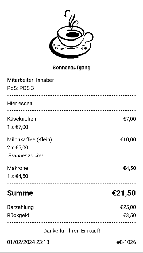 Und auf den ausgedruckten Quittungen und Rechnungen