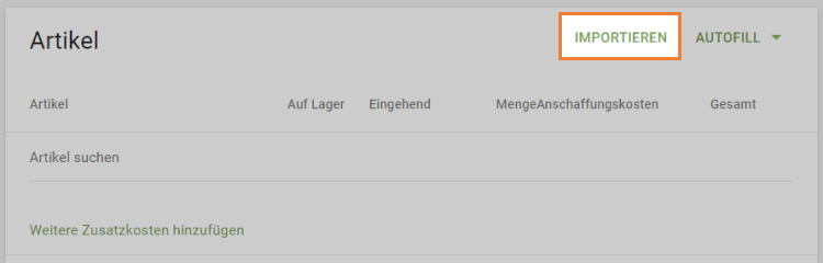 Importieren Sie die Artikel in die Bestellung
