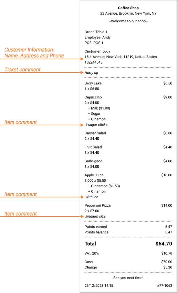 Information and notes on the receipt