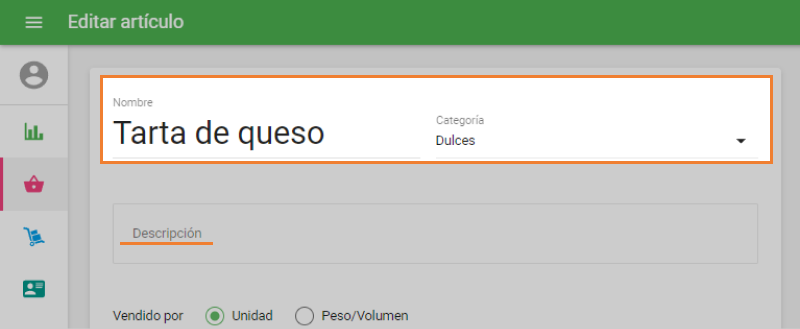 campos de 'Nombre' y 'Categoria'