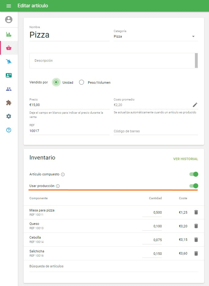 formulario de edición de elementos compuestos