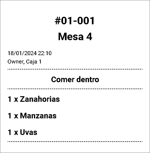 ticket con la lista de artículos que cocinar