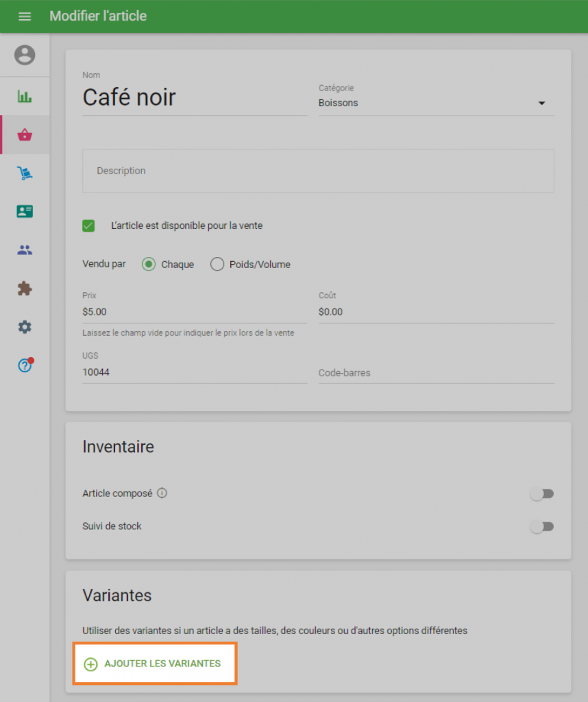 le bouton 'Ajouter des variantes' dans la section 'Variantes'