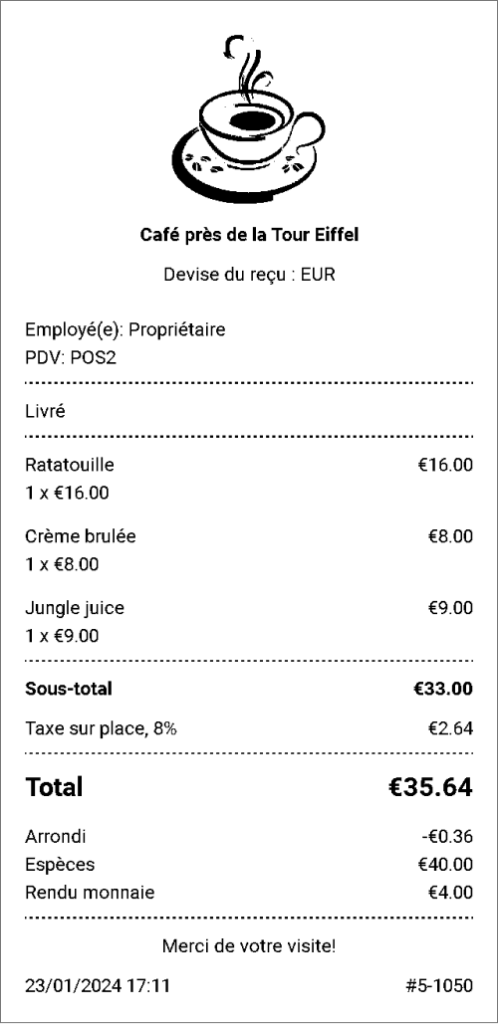 Le symbole de la devise dans les reçus