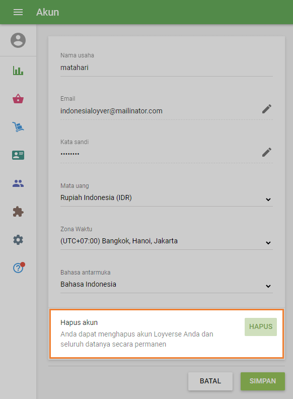 Tombol hapus di baris 'Hapus akun'