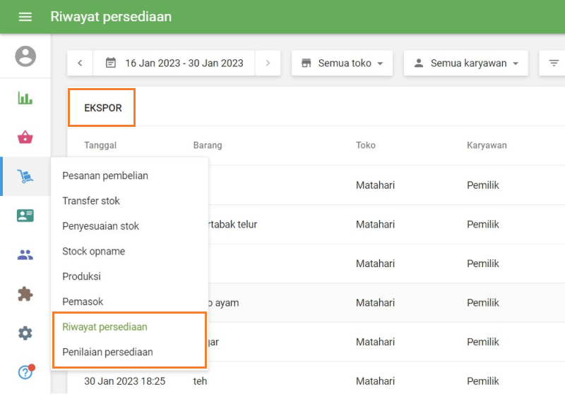 Tombol 'Ekspor' di laporan Inventaris Lanjutan