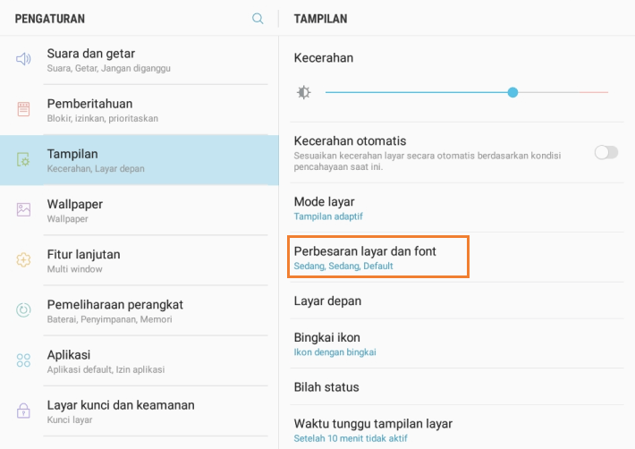 Zoom layar dan font atau menu Ukuran font