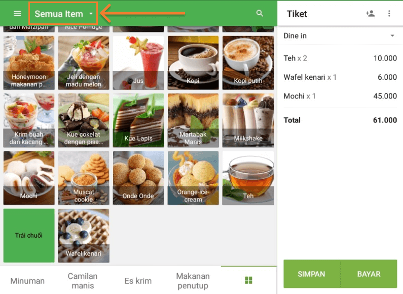 klik baris Semua item di sebelah kiri