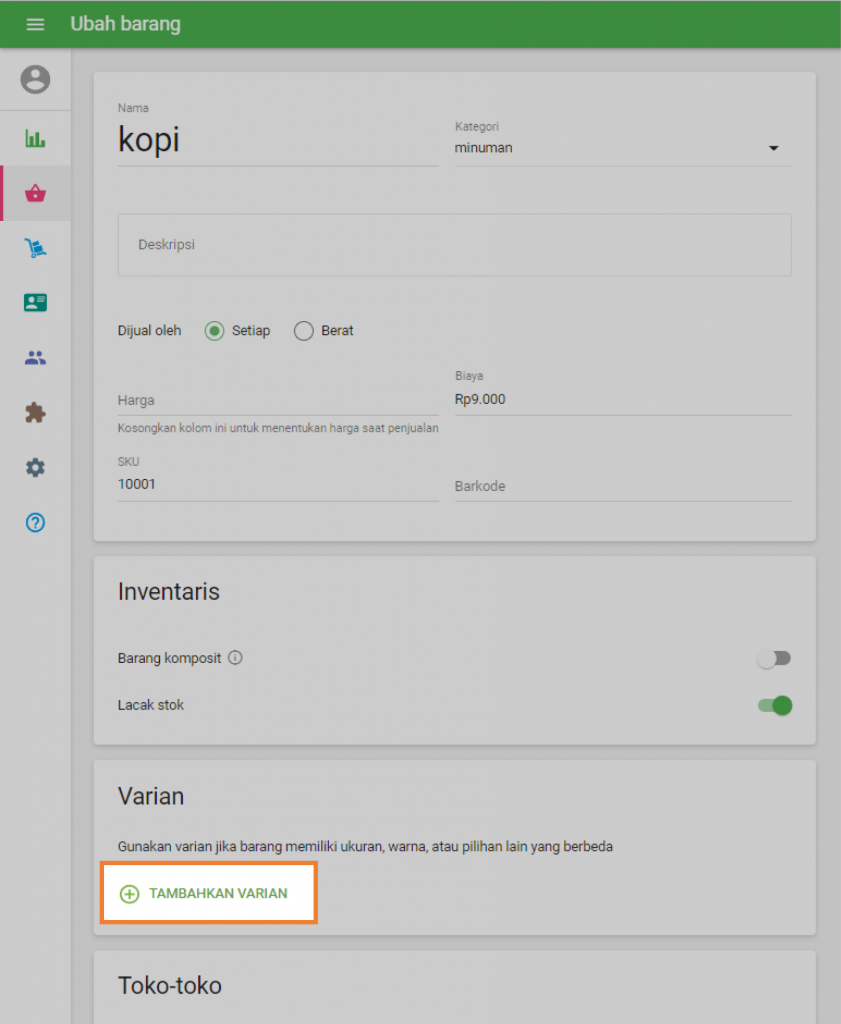 bagian 'Varian', tombol 'Tambah varian'