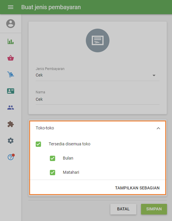 ketersediaan jenis pembayaran di setiap toko