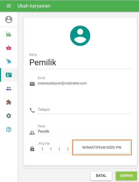 Nonaktifkan tombol Kode PIN