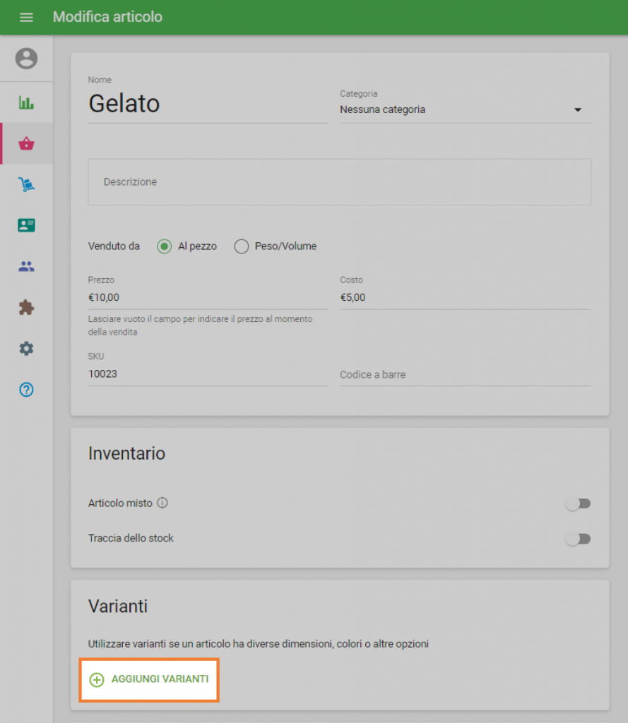 seleziona 'Aggiungi varianti'