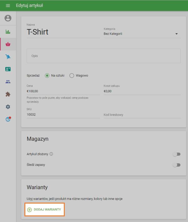 przycisk „Dodaj warianty” w sekcji „Warianty”