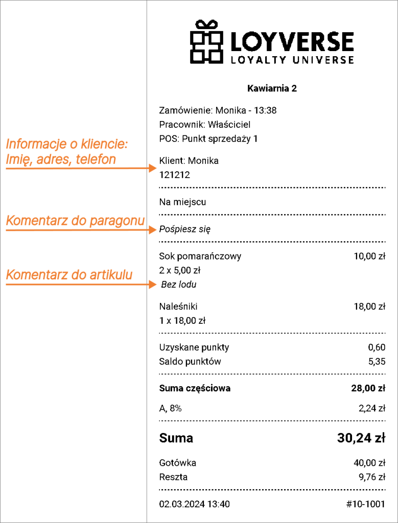 Informacje na paragonie