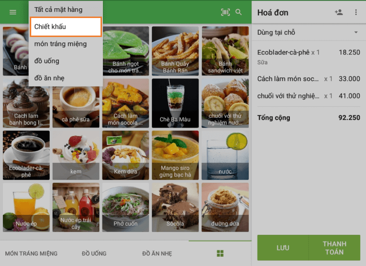 Giảm giá trong menu thả xuống