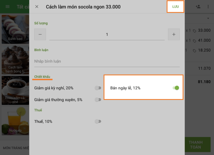 Cửa sổ chỉnh sửa mặt hàng với phần giảm giá